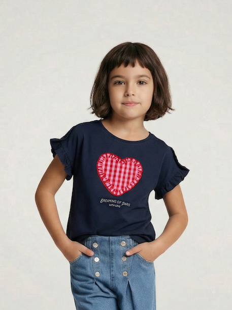Fille-T-shirt, sous-pull-Tee-shirt fille motif romantique manches courtes à volant