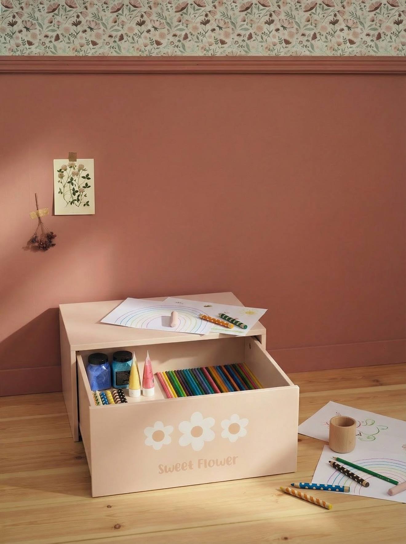 Table d'activités avec coffre de rangement rose