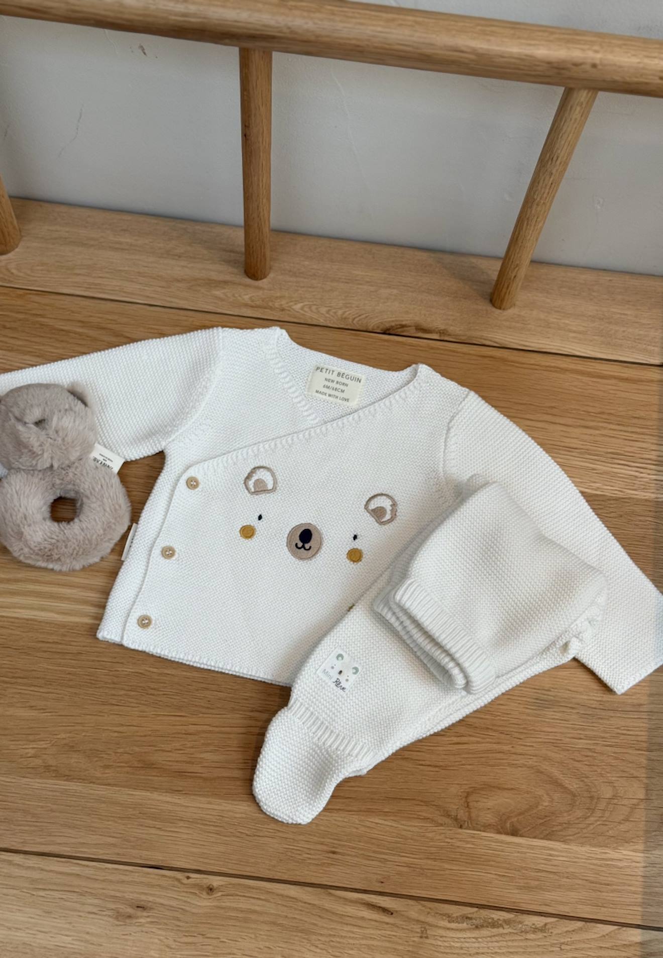 Ensemble Bébé Gilet Et Pantalon Avec Pieds En Tricot Mini Rêve Ecru