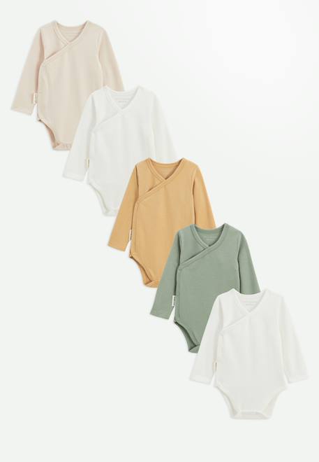 Petit Beguin - Lot De 5 Bodies Bébé Manches Longues Ouverture Croisée Mini Rêve Ecru