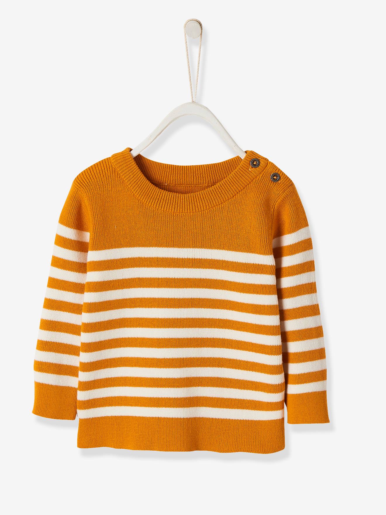 Pull Mariniere Bebe Garcon Ocre Raye Vertbaudet