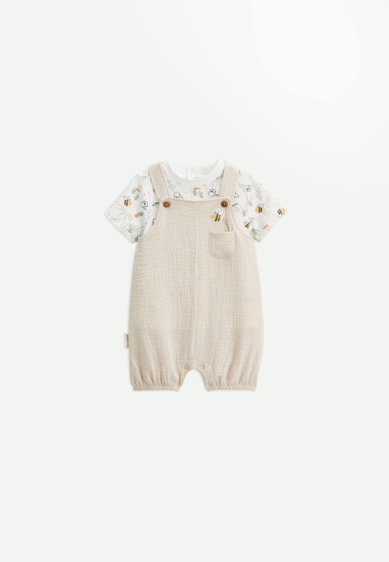 Ensemble Salopette Bébé En Gaze De Coton Et T-shirt Eden Beige