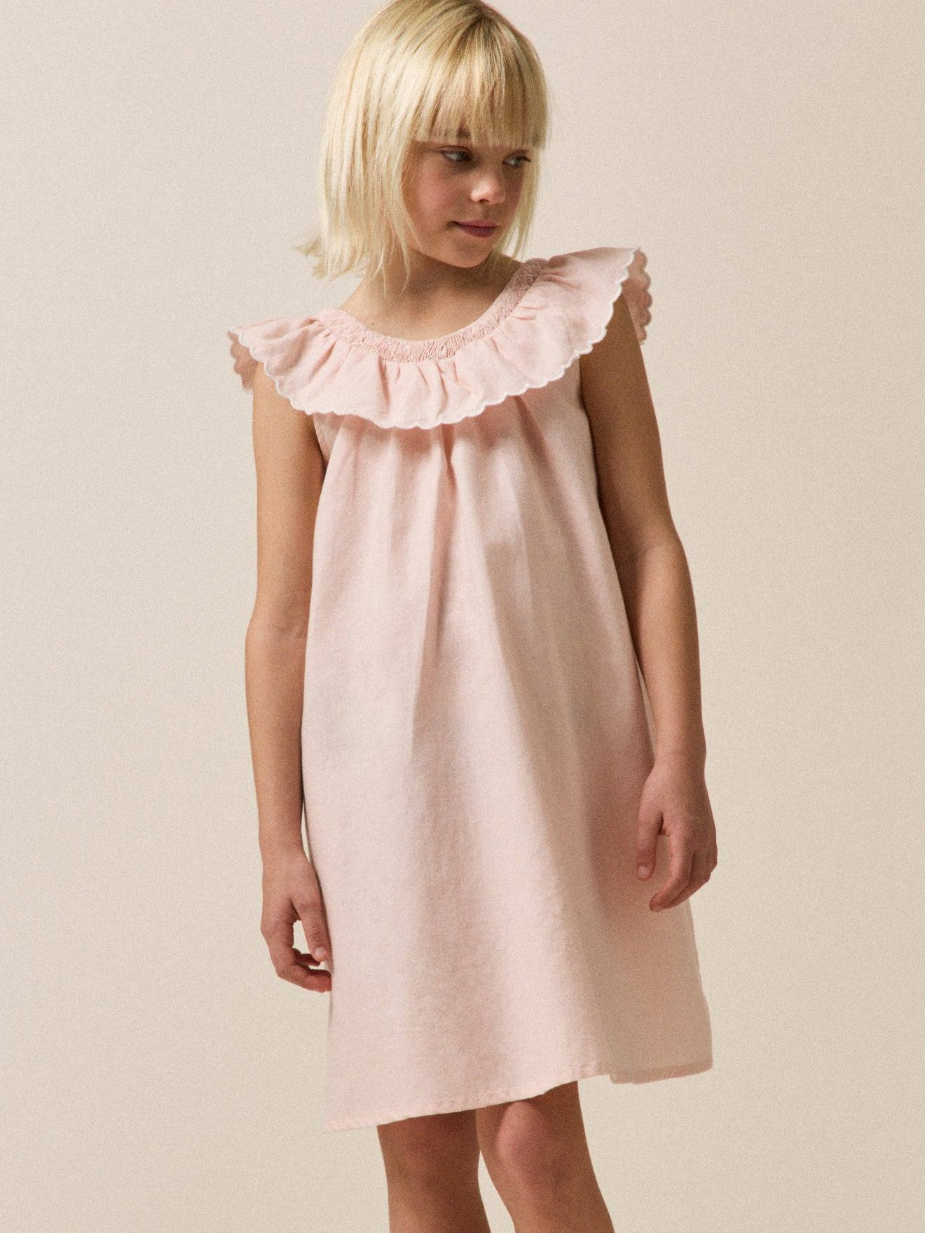 Robe Fille Clotilde Lin Et Coton - Collection Fêtes Et Mariages Rose