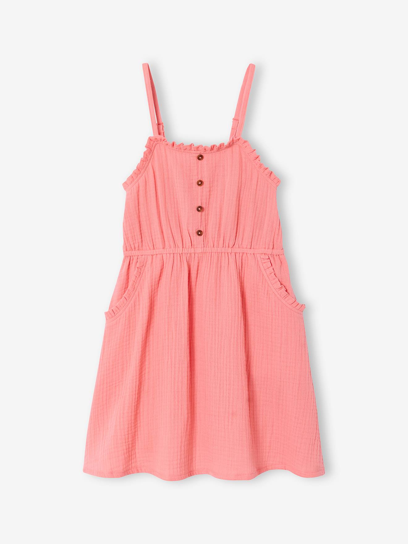 Robe à bretelles fille en gaze de coton corail