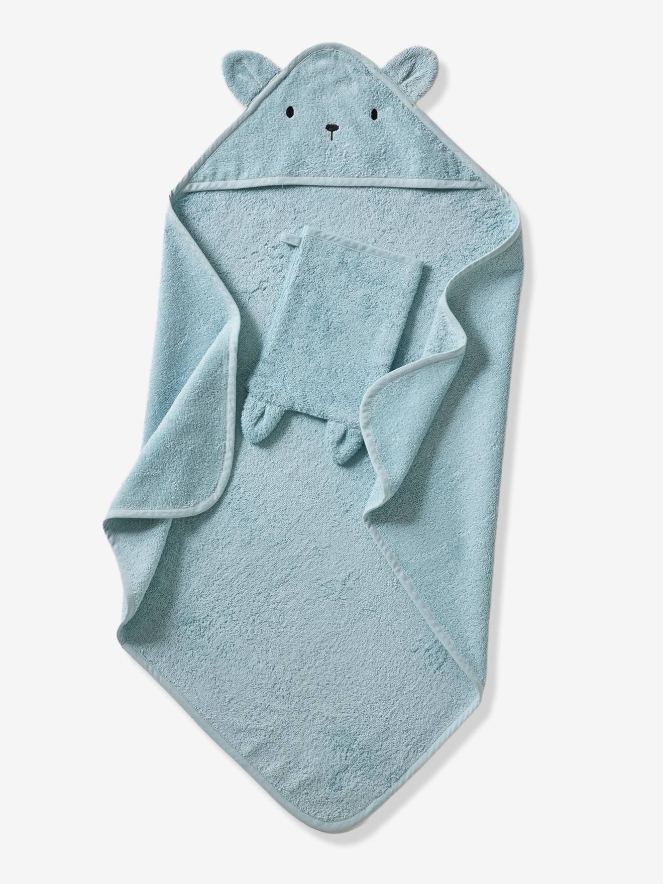 Cape de bain + gant de toilette BIO* bleu océan (Vertbaudet) - Image 1