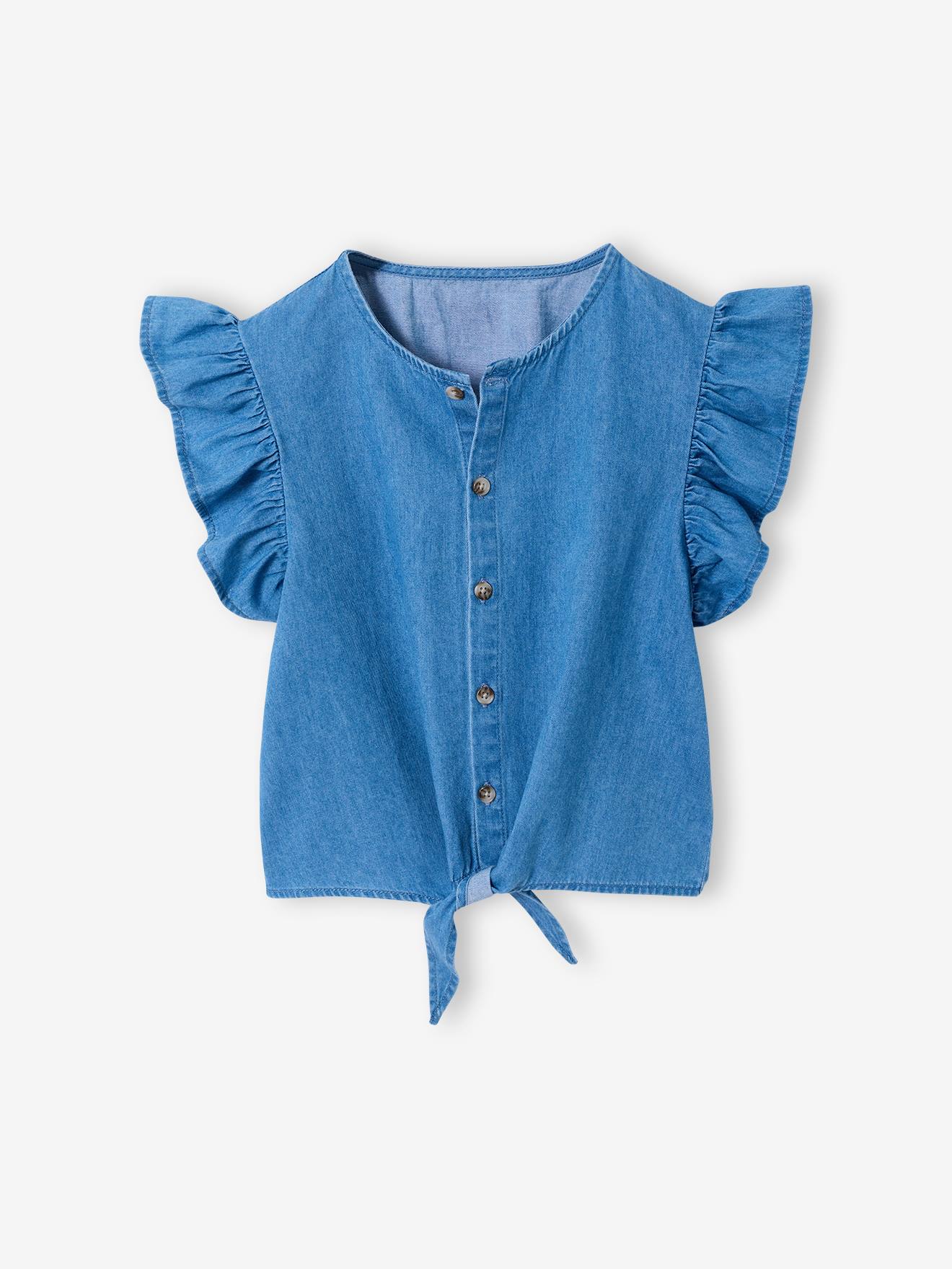 Blouse denim manches volantées bleu clair