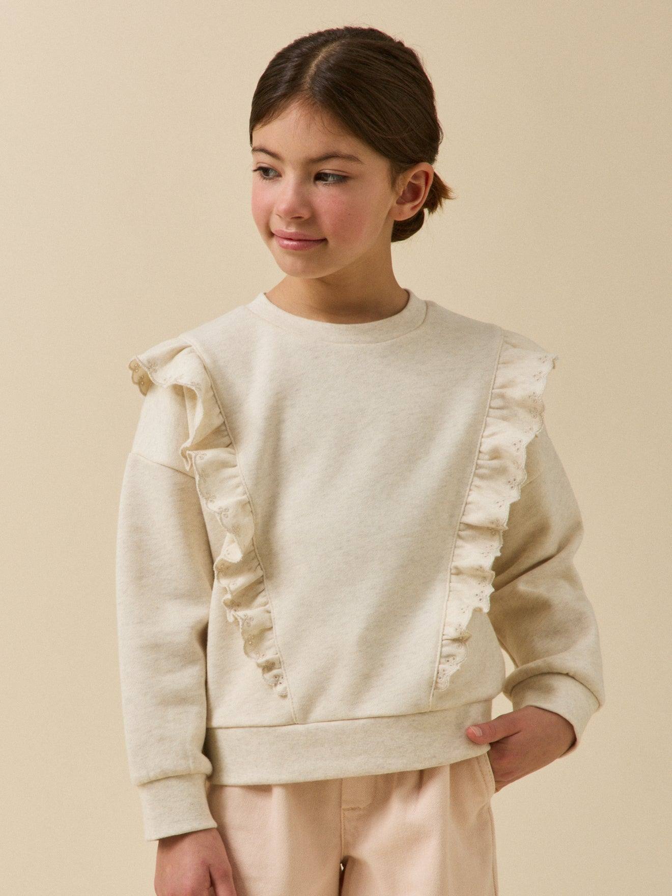 Sweat À Volants Fille - Coton Biologique Ecru Chine