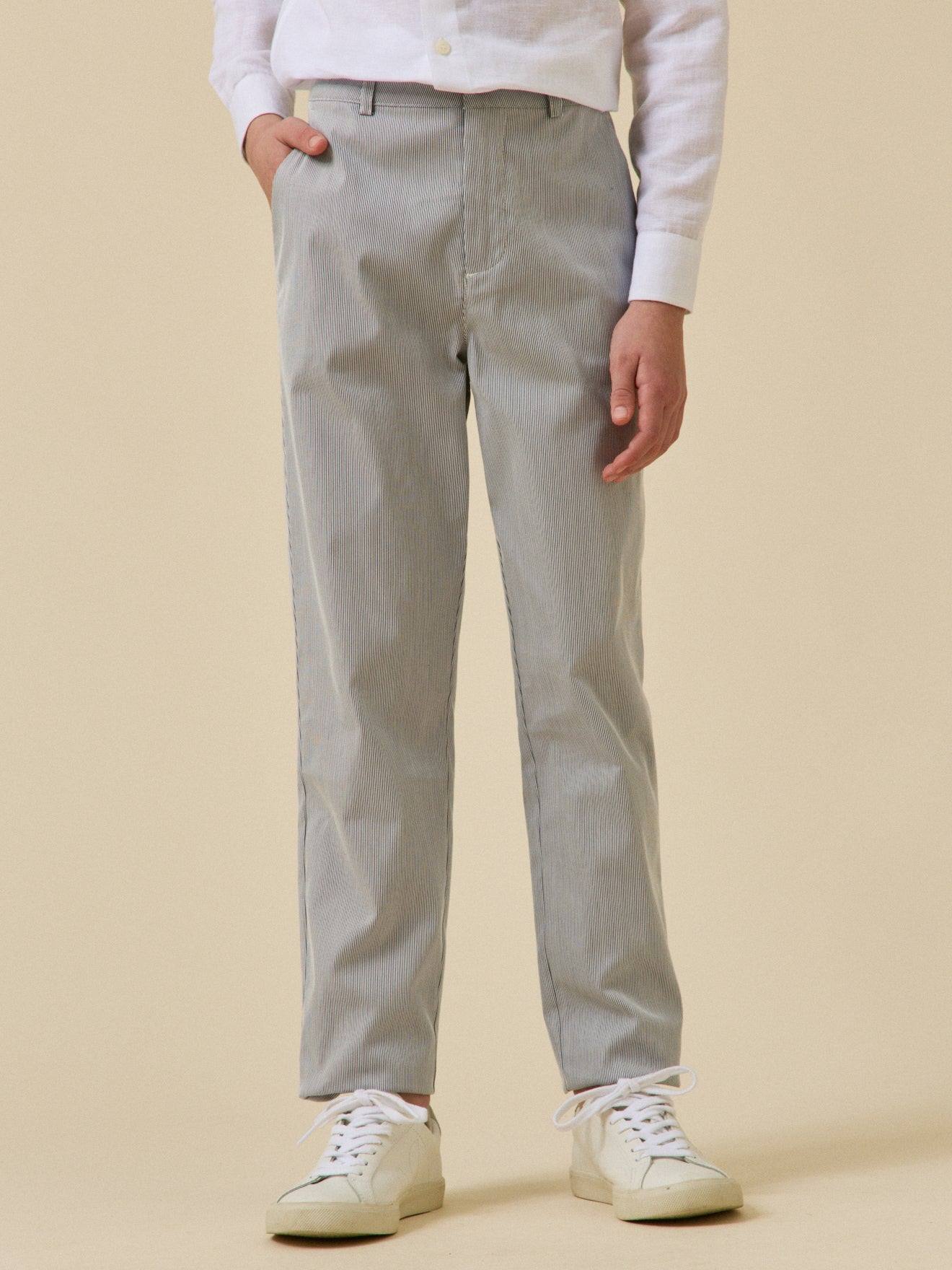 Pantalon De Costume Rayé Garçon - Collection Fêtes Et Mariages Rayure Bleu Grise