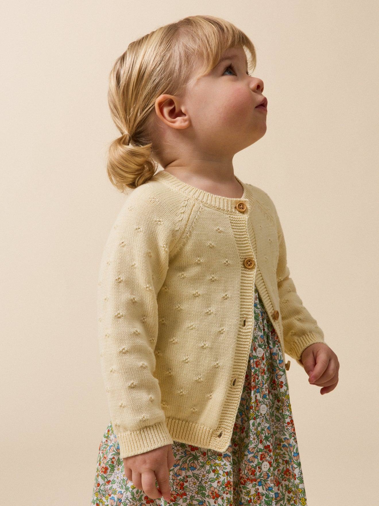 Cardigan Maille Ajourée Bébé - Coton Biologique Jaune Pastel