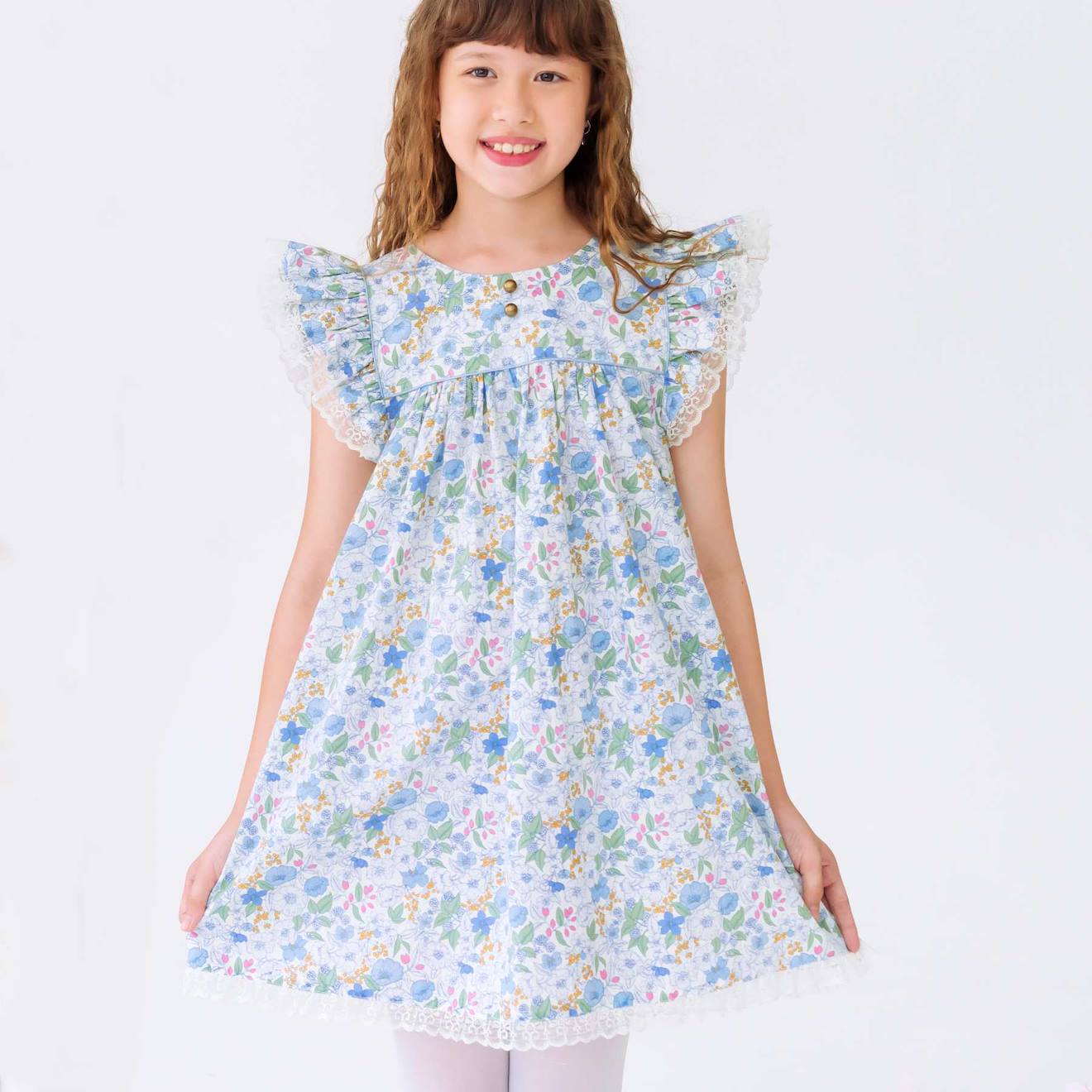 Robe Cérémonie Bohème Liberty Appoline Bleu Fleuri Rose Vert