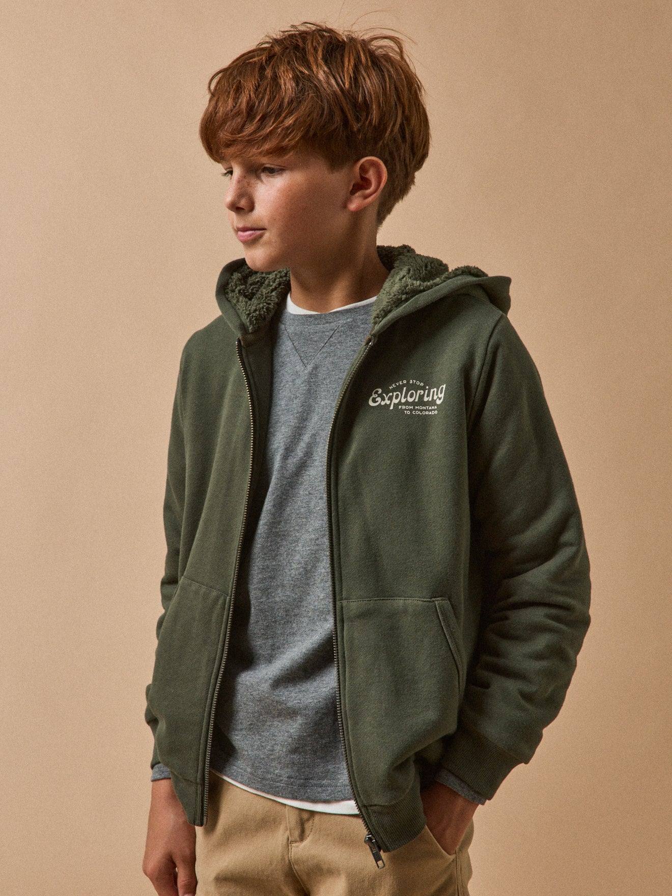 Cardigan Zippé Doublé Sherpa Garçon Kaki