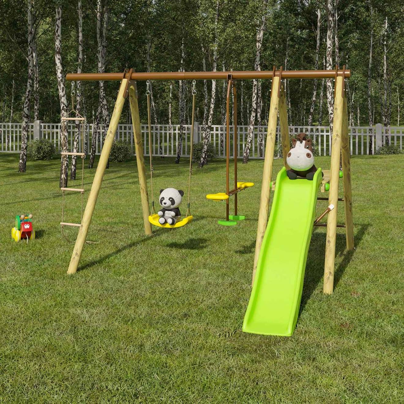 Station de jeux poutre métal 1,90 m, 5 enfants, techwood premium oreka bois