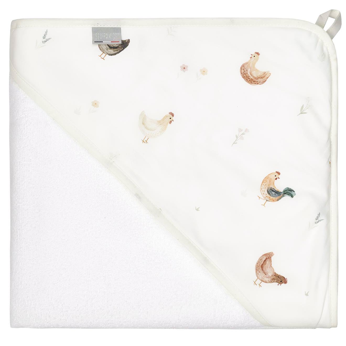 Ma Première Cape De Bain En Coton Et Bambou Gallina Écru – Motif Poules Champêtre