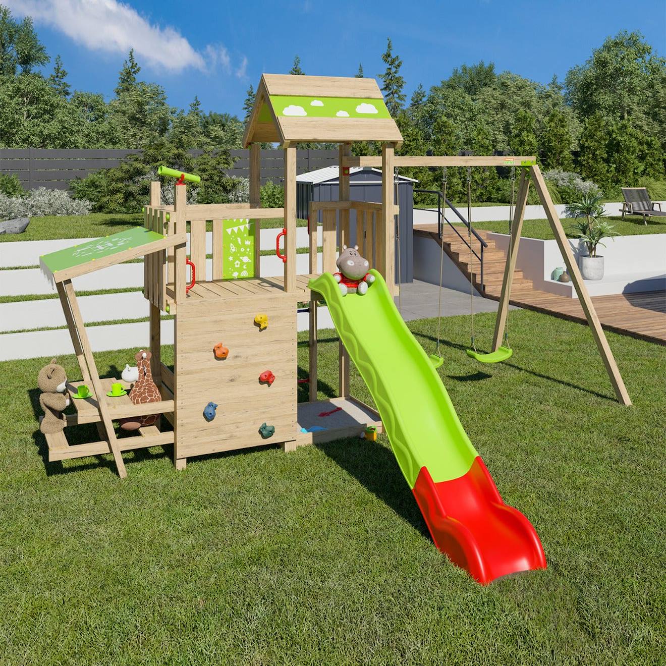 Aire De Jeux Avec Toboggan 2,20 M Zesty Xpression - 12 Enfants Bois