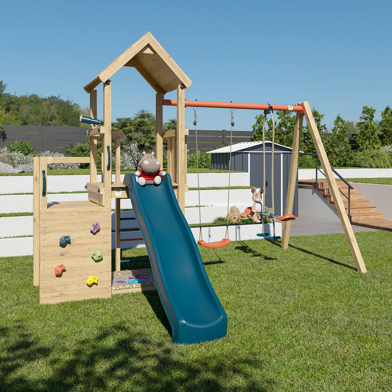 Aire De Jeux Avec Toboggan Xchange Player Poutre Métal Pour Enfants Bois