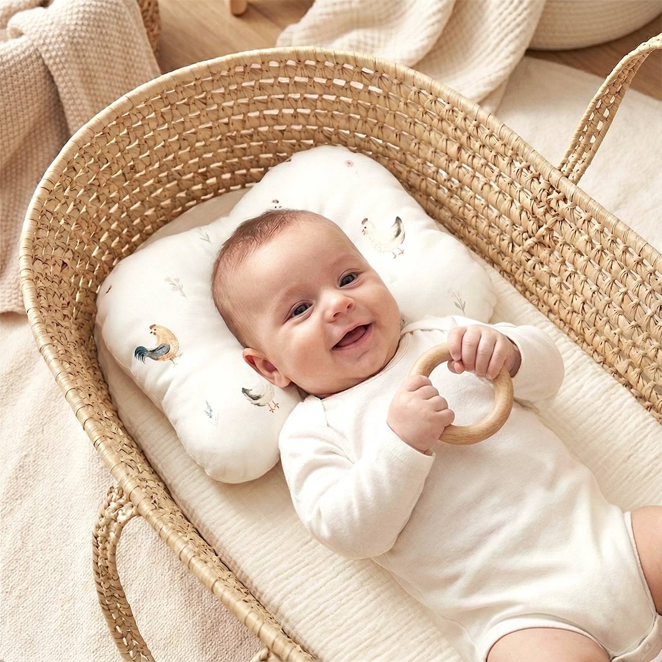 Coussin Cale-tête Ergonomique En Satin De Coton Gallina Écru – Motif Poules Champêtre