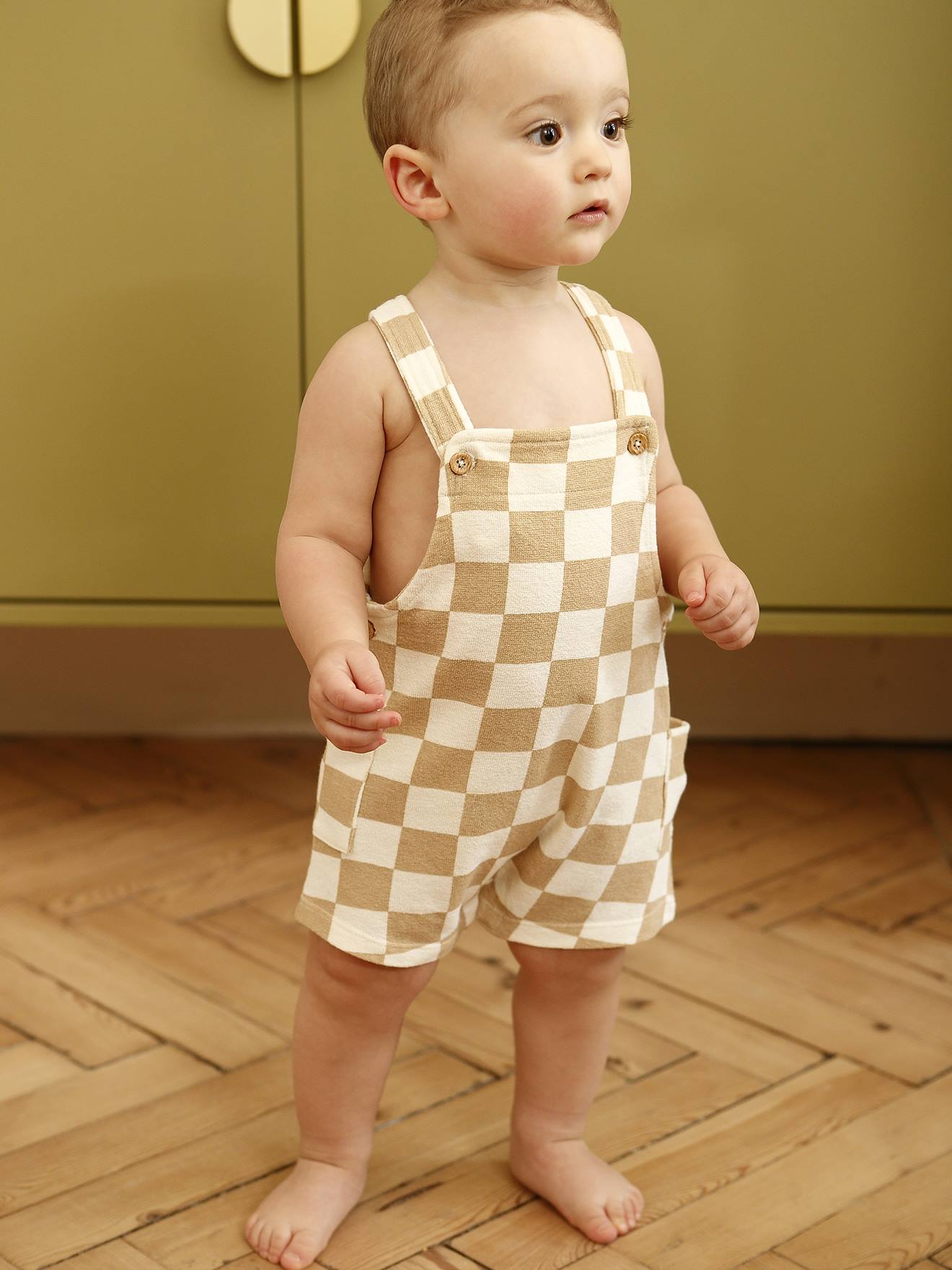 Salopette courte bébé molleton imprimé carreaux beige