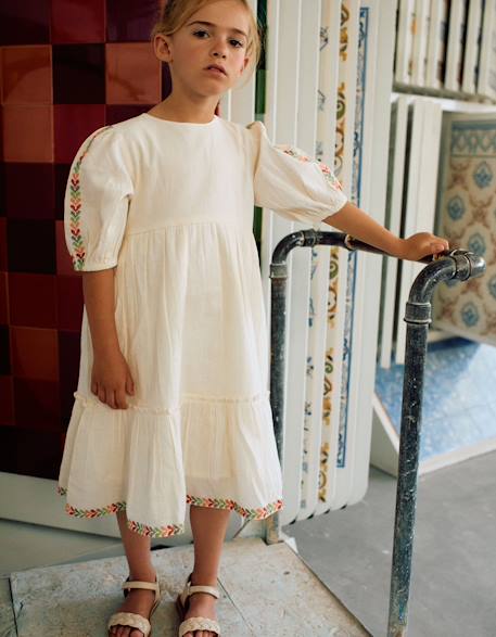 Robe en lin à manches ballon et broderie  - vertbaudet enfant