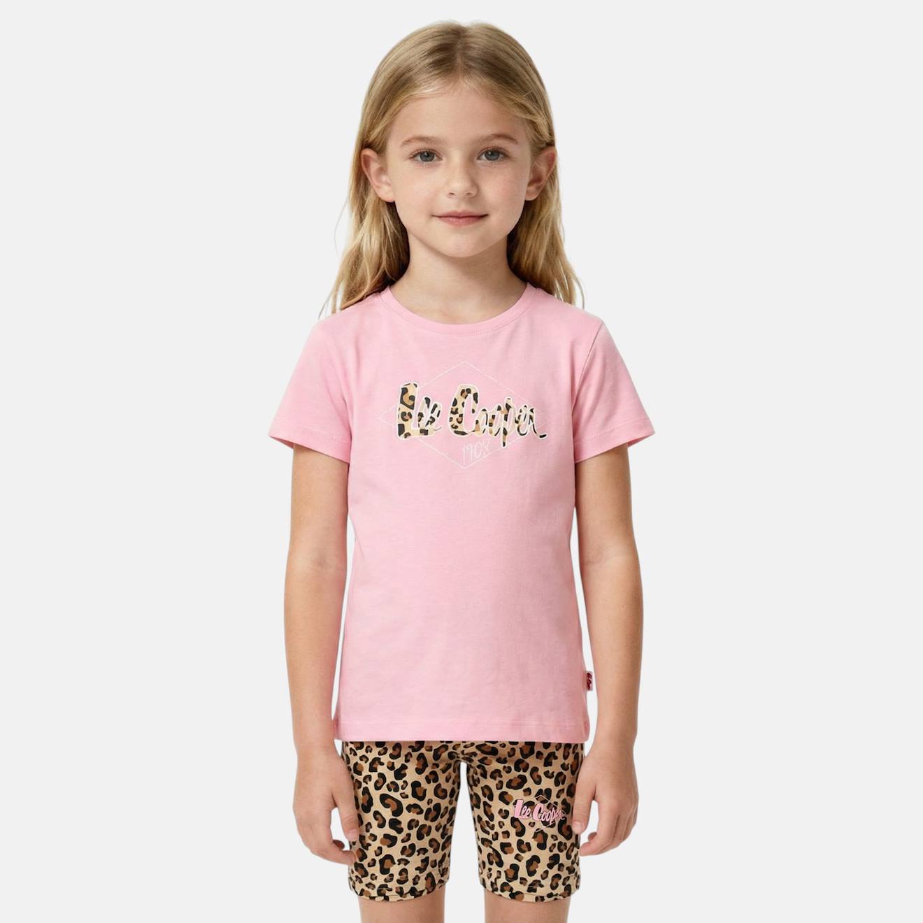 Ensemble fille - t-shirt manches courtes et short motif léopard rosatre