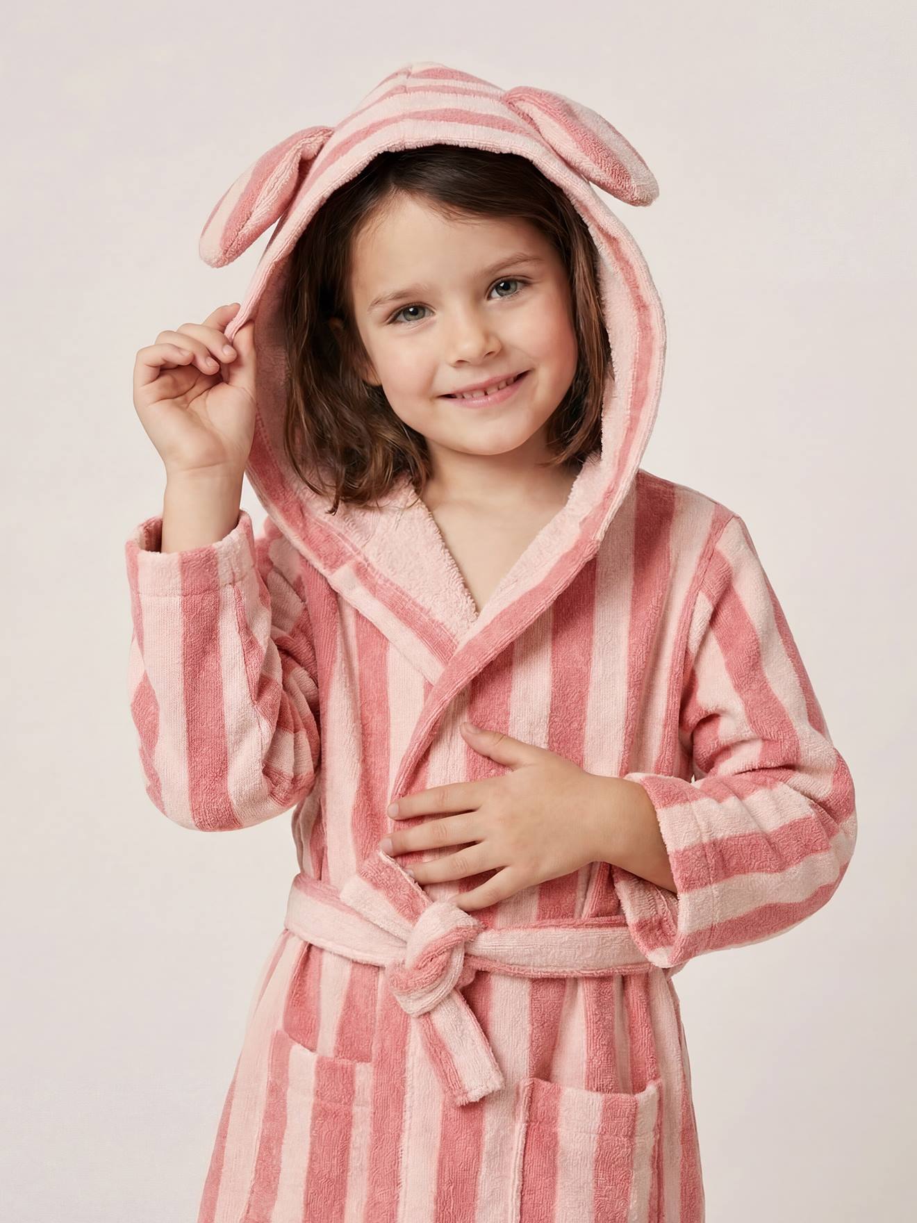Peignoir enfant rayé lapin personnalisable, avec coton recyclé rayé rose