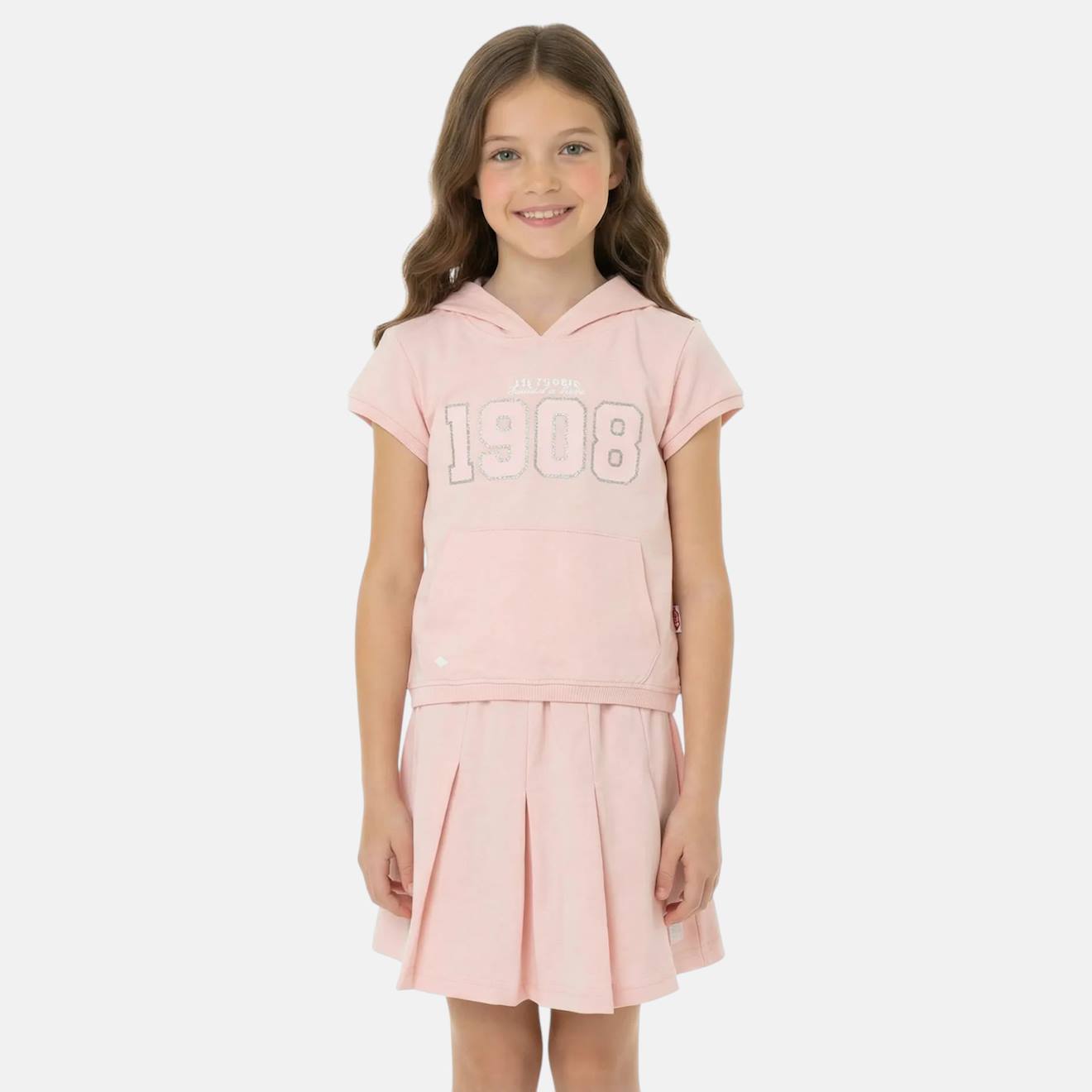 Ensemble fille - sweat à capuche manches courtes et jupe-short rosatre