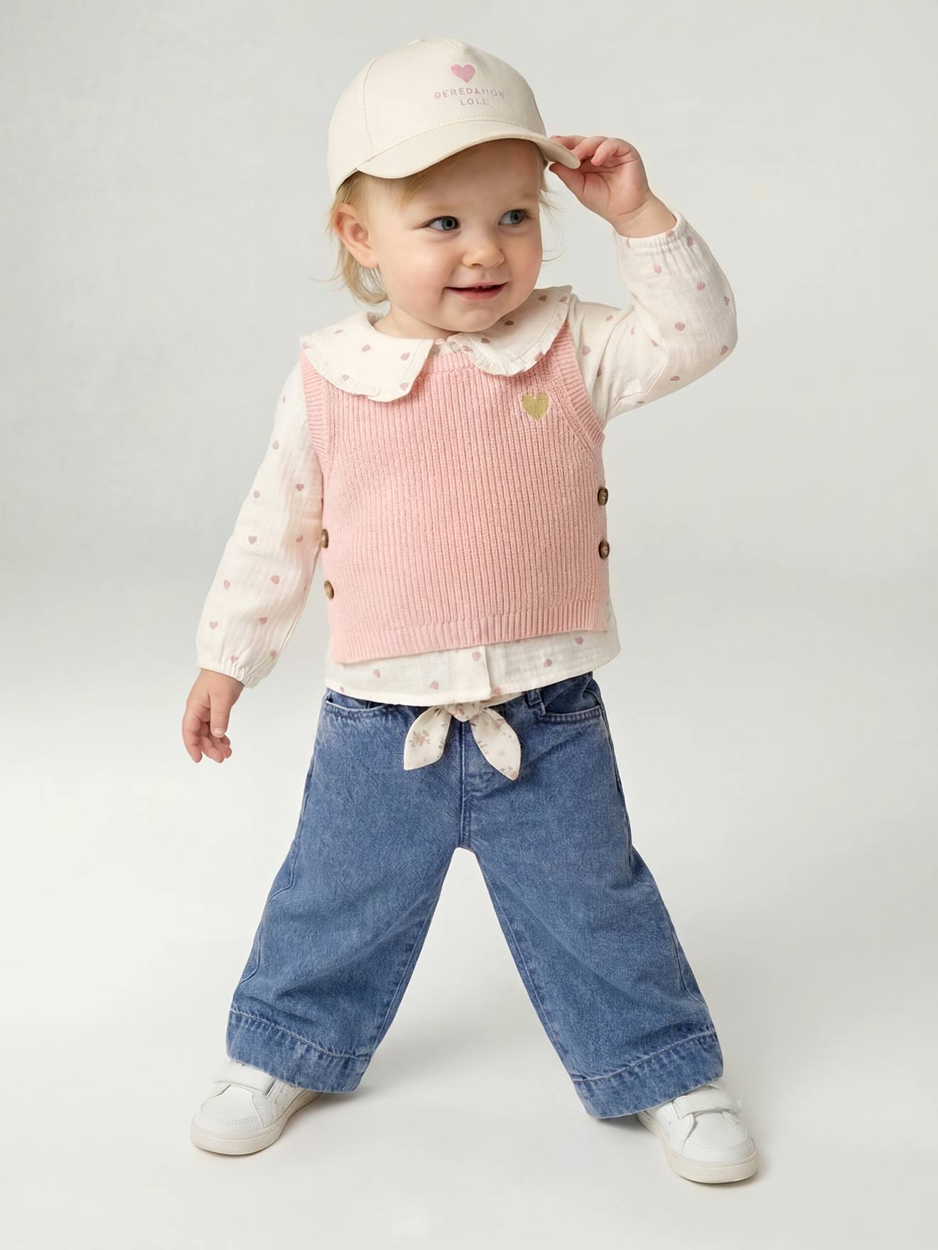 Pantalon large bébé fille denim léger ceinture imprimée double stone (Vertbaudet) - Image 2