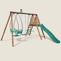 Jouet-Portique en bois rond 3 agrès avec face à face et toboggan nigel