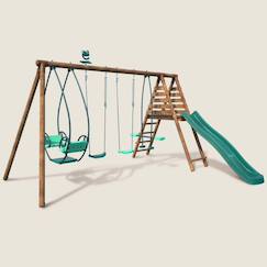 Jouet-Portique en bois rond 4 agrès avec face à face et toboggan jacinthe