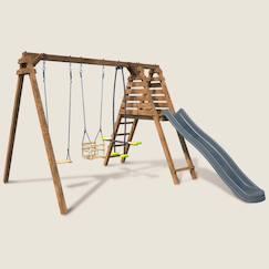 Jouet-Portique en bois carré 3 agrès balançoire bébé, face à face et toboggan trefle
