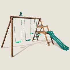Jouet-Jeux de plein air-Jeux de plage-Tentes anti UV-Portique en bois rond 3 agrès avec face à face et toboggan bas figue