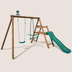Jouet-Portique en bois rond 2 agrès avec balançoire et face à face menthe