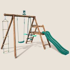 Jouet-Portique en bois rond 3 agrès avec face à face, échelle et toboggan bas mûrier