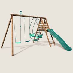 Jouet-Portique en bois rond 3 agrès avec face à face et toboggan narcisse