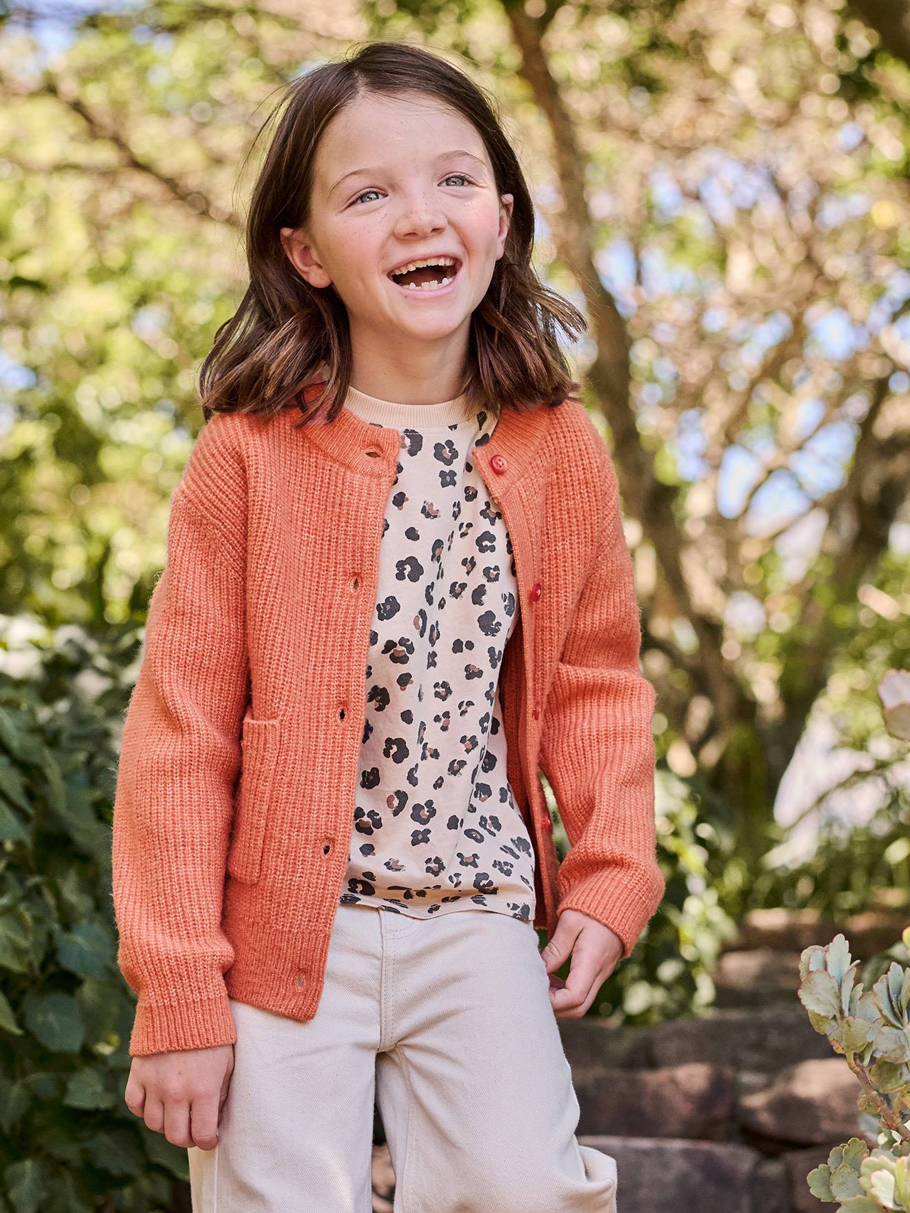 Gilet fille maille fine mousseuse corail