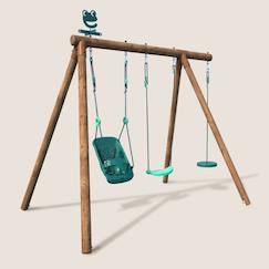 Portique en bois rond 3 agrès avec balançoire bébé et corde disque tiago  - vertbaudet enfant