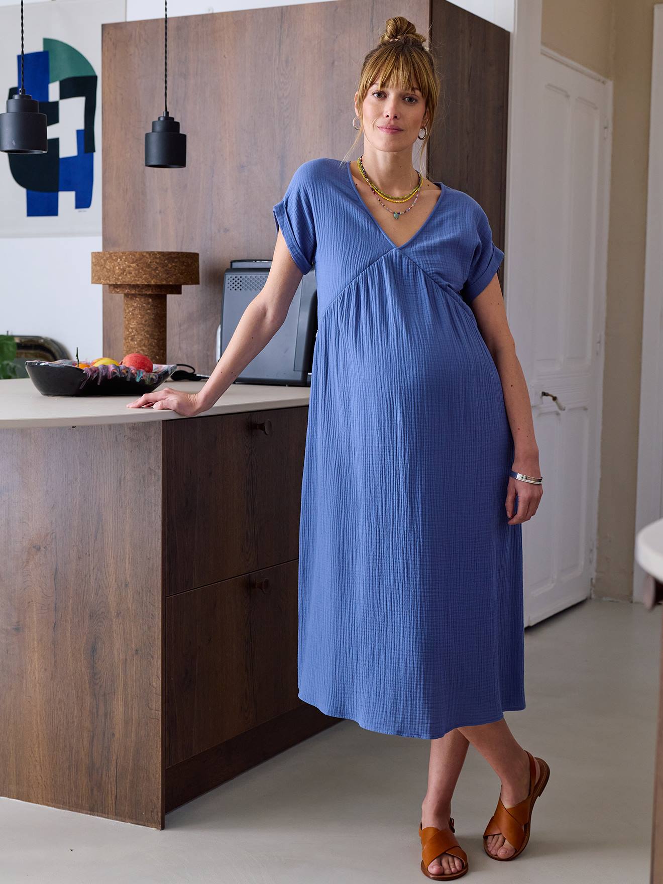 Robe longue grossesse et allaitement bleu grisé