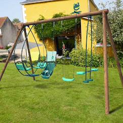Jouet-Portique en bois rond 4 agrès avec balançoire bébé et face à face suzanne