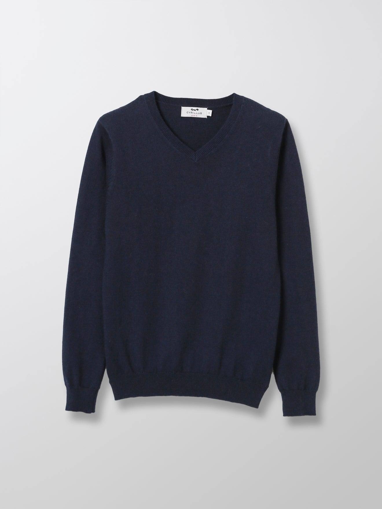 Pull Col V Garçon Bleu Fonce Uni
