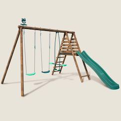 Jouet-Portique en bois rond 3 agrès avec face à face et toboggan violette