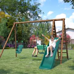 Jouet-Jeux de plein air-Aires de jeux-Portique en bois rond 3 agrès avec balançoire bébé et toboggan colza