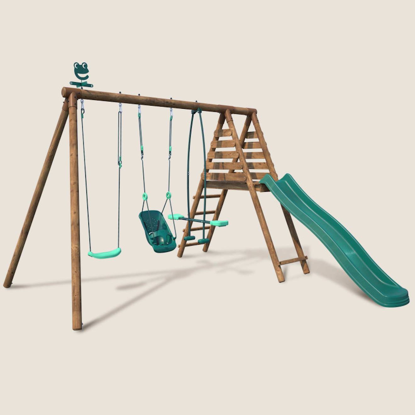 Portique En Bois Rond 3 Agrès Balançoire Bébé, Face À Face Et Toboggan Tulipe Marron (soulet) - Image 1