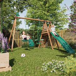 Jouet-Portique en bois rond 3 agrès balançoire bébé, face à face et toboggan tulipe