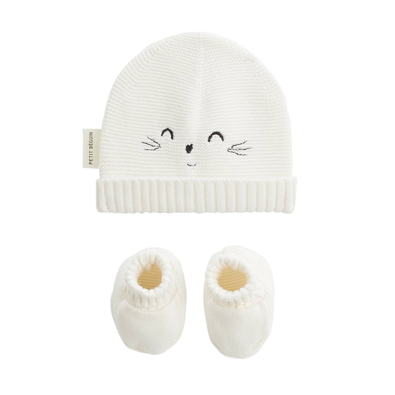Bonnet Bébé Et Chaussons En Tricot Hello Baby Ecru (Petit Beguin) - Image 1