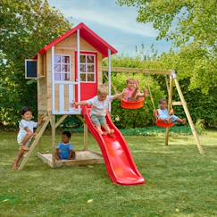 Jouet-Jeux de plein air-Maisonnette sur pilotis, glissière, 2 balançoires coquelicot bois fsc®