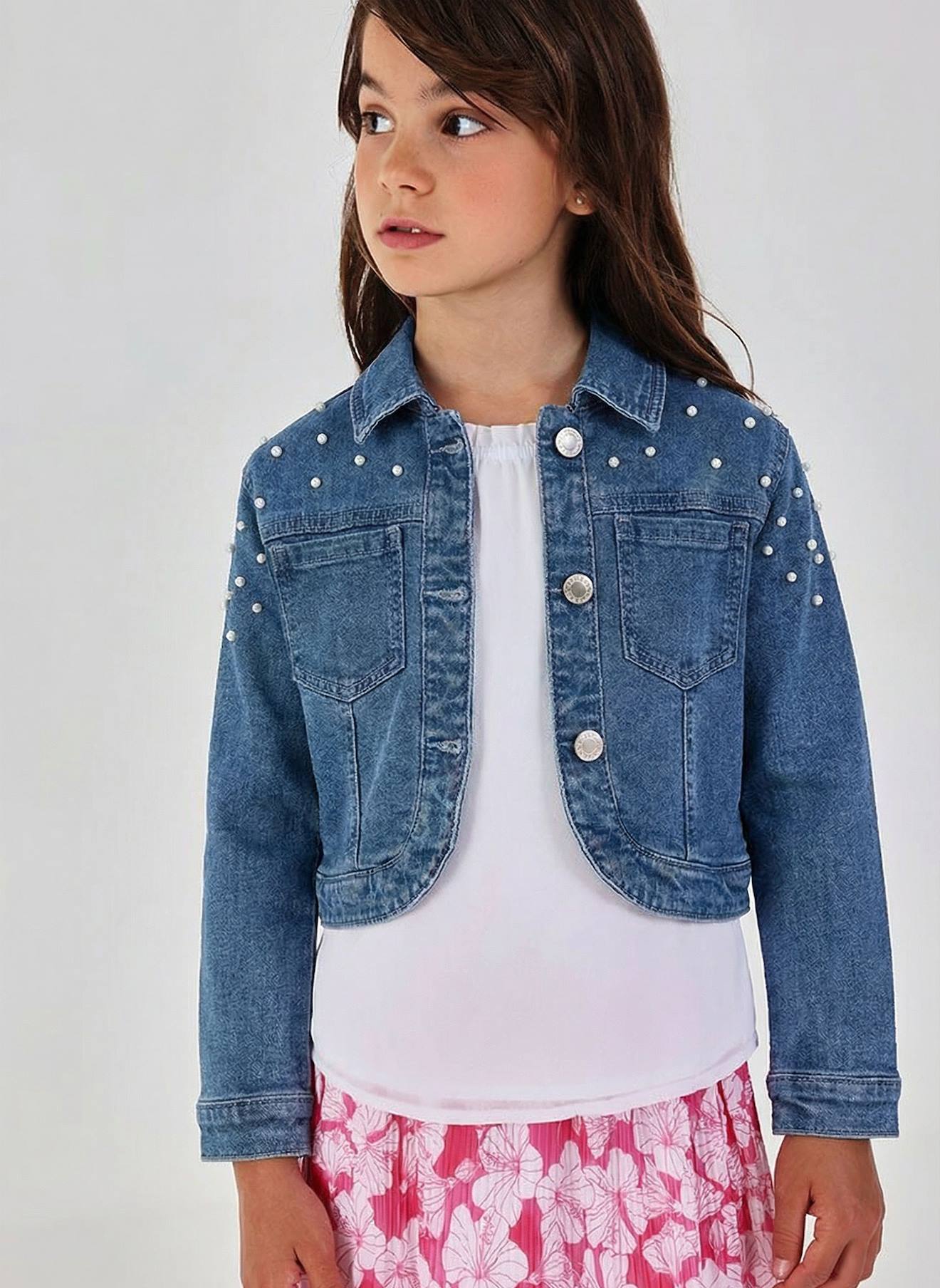 Veste En Jean Fille Délavée Avec Petits Noeuds Bleu