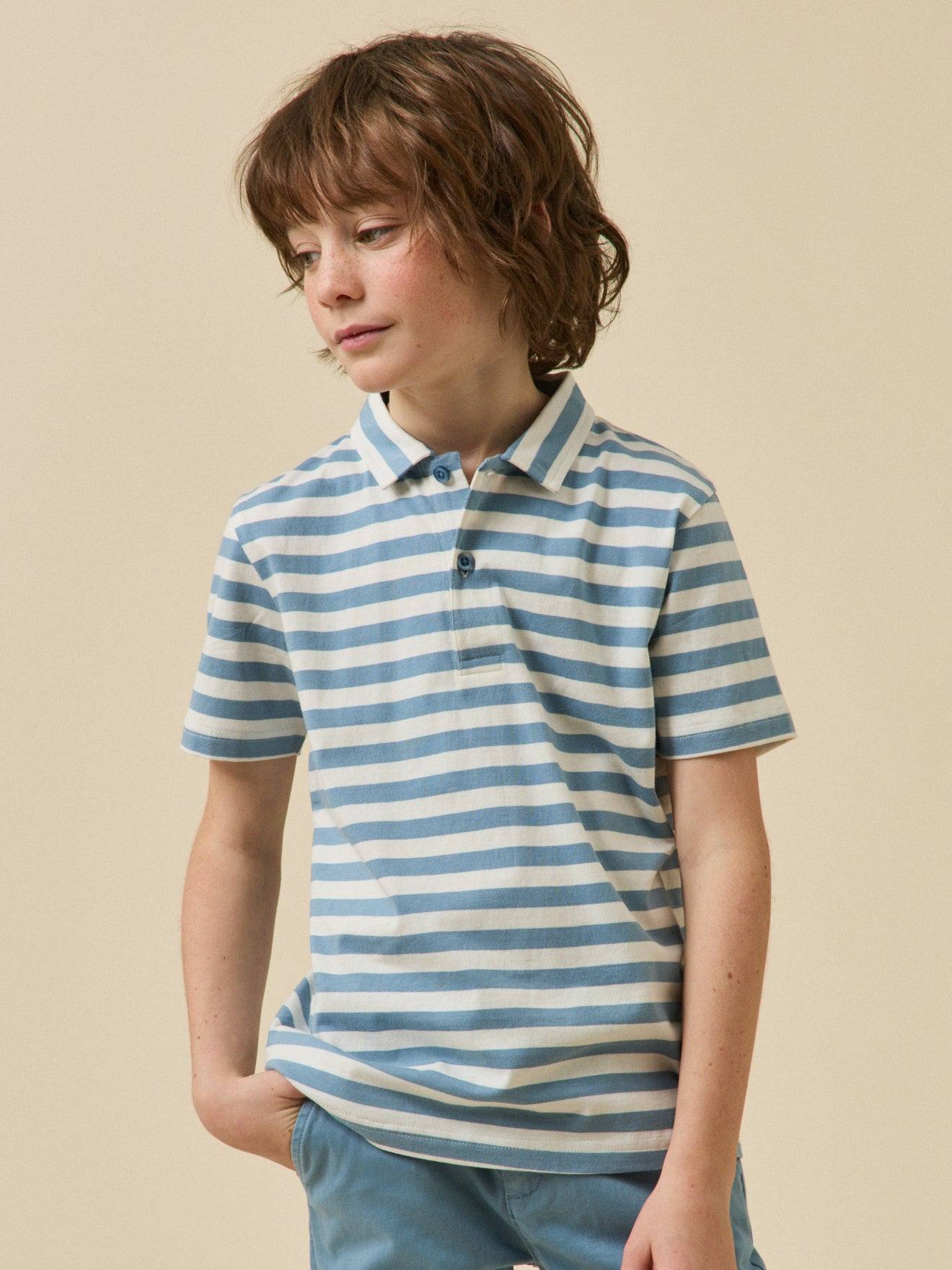 Polo Rayé Garçon - Coton Biologique Rayure Bleue