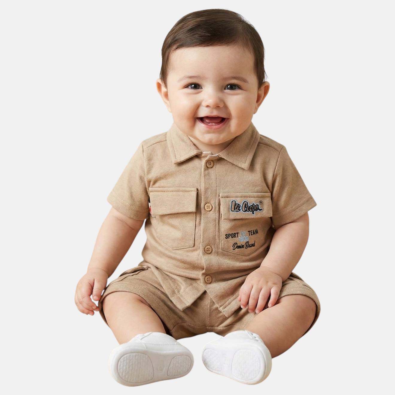 Ensemble Chemiser Et Short Bébé Garçon Imprimé Col Chemise Beige