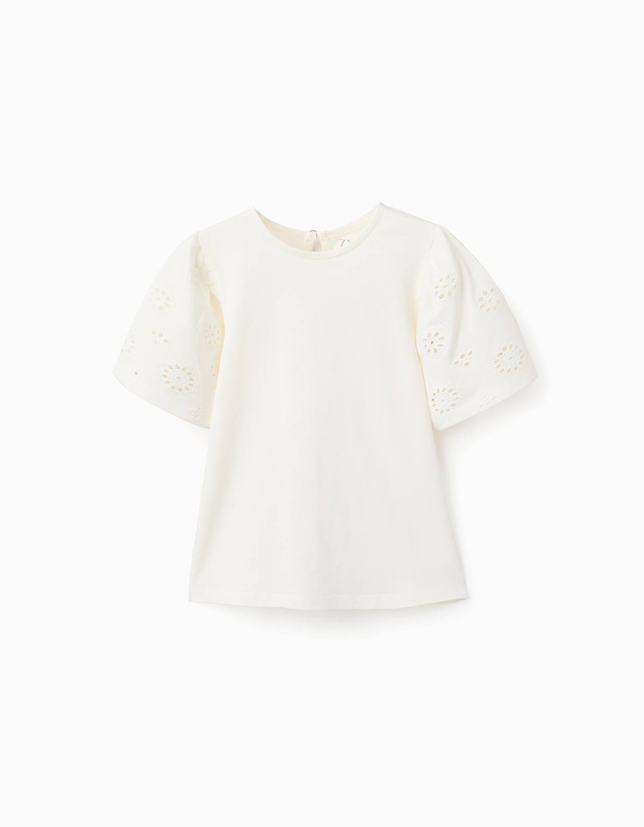T-shirt En Coton Avec Manches En Broderie Anglaise Beige Clair
