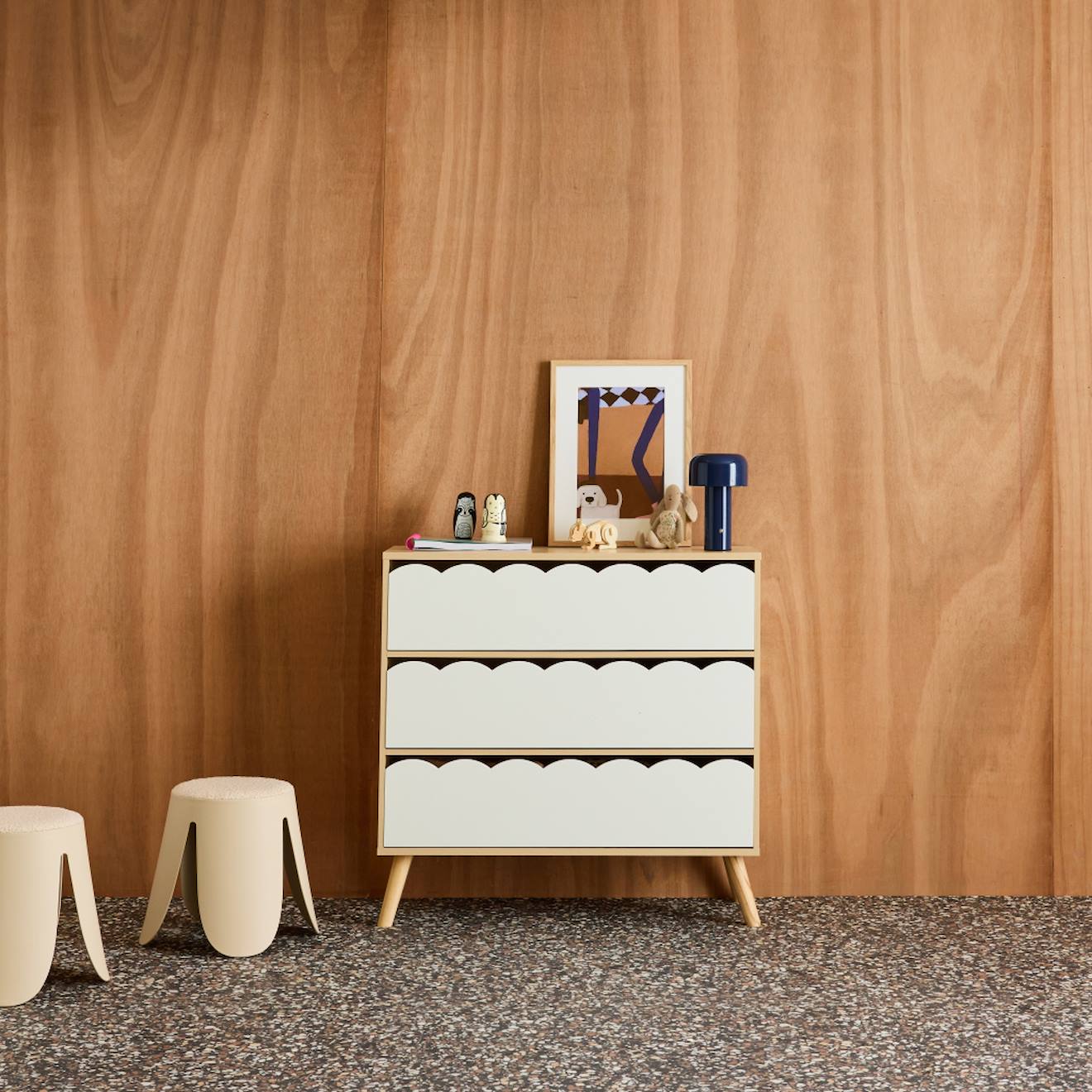 Commode enfant décor bois 3 tiroirs, pieds bois de pin - 80 x 30 x 79 cm - azur blanc