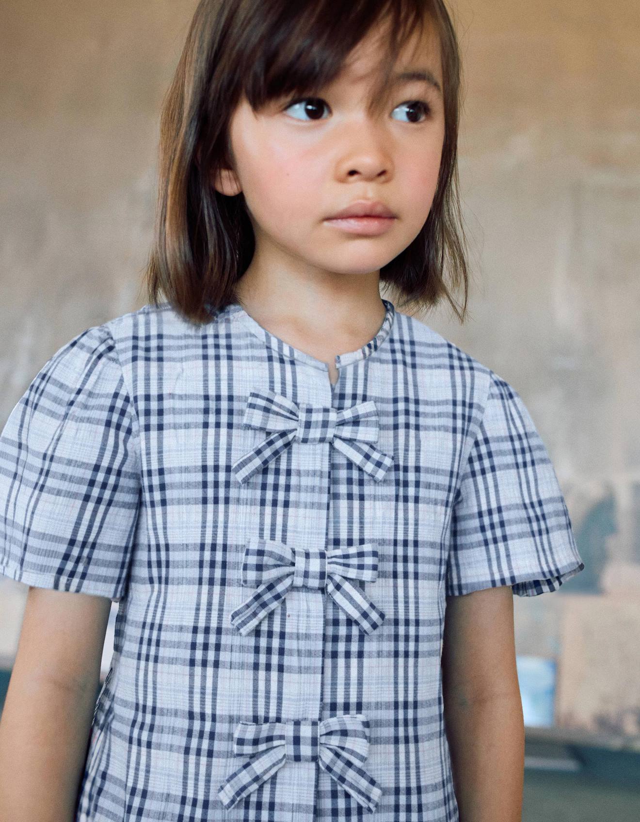 Blouse En Coton Carreaux Avec Nuds Dcoratifs Bs Bleu Fonc 17 €